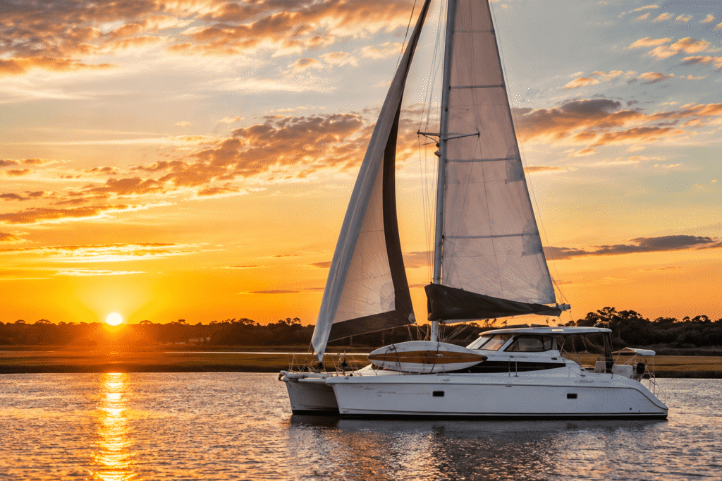 35-foot catamaran charter in Jacksonville under sail at sunset on the Intracoastal