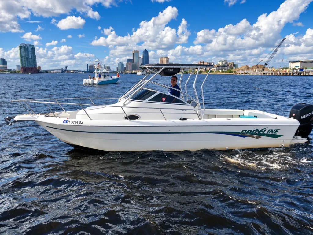 25-foot powerboat charter in Jacksonville cruising past the downtown skyline