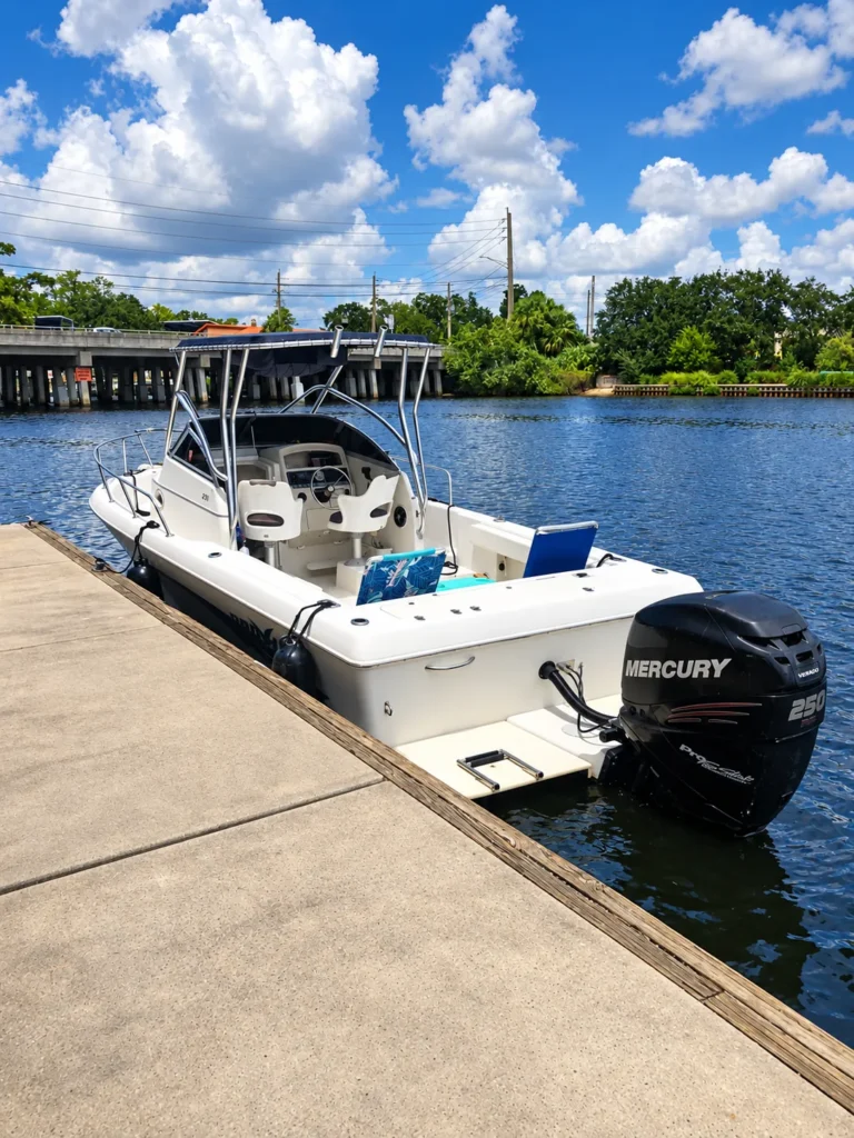 25-foot powerboat with T-top and Mercury outboard tied up at the dock