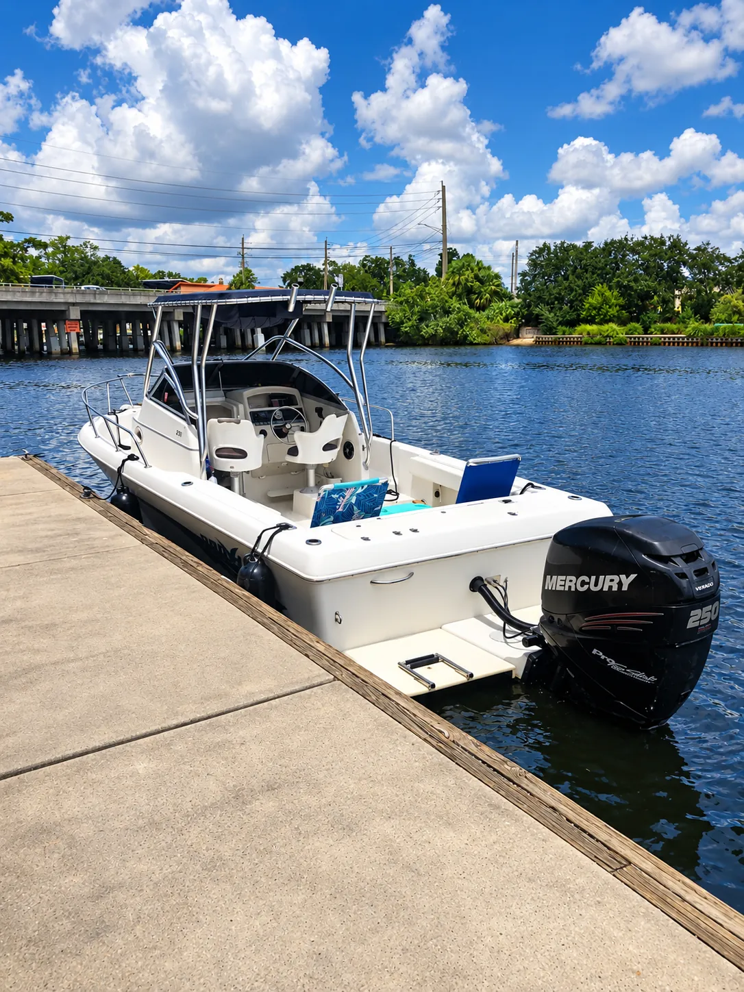 25-foot powerboat with T-top and Mercury outboard tied up at the dock