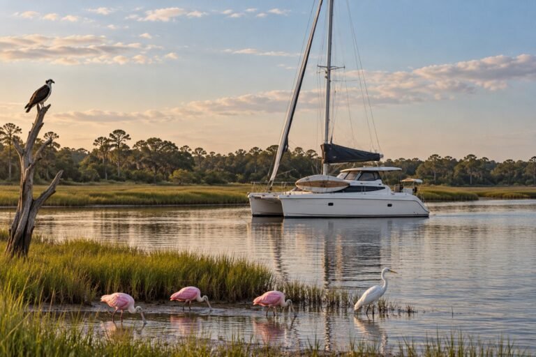 Anchored in a quiet marsh creek with roseate spoonbills and an egret