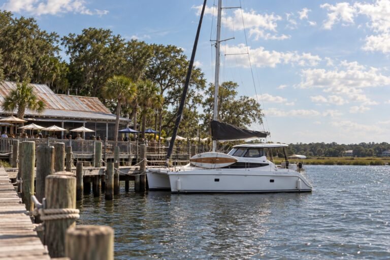 Docked at a waterfront restaurant dock for a lunch stop