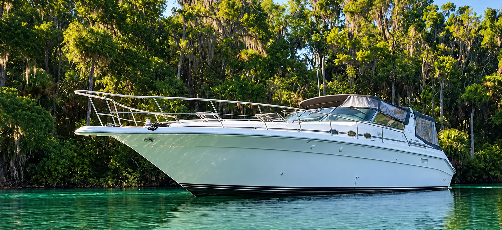 44-foot Sea Ray yacht anchored in clear green water beside a wooded shoreline near Jacksonville