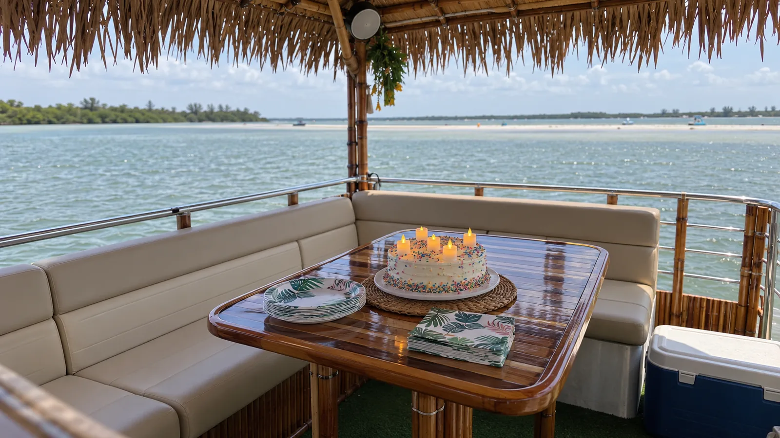 Birthday cake with flameless candles on the tiki boat table during a birthday boat party in Jacksonville
