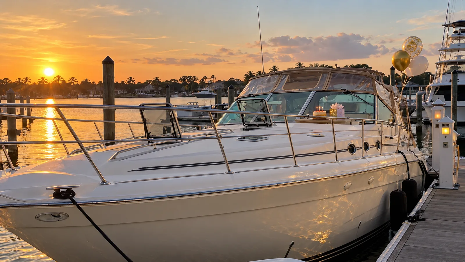 44 ft Sea Ray at Palm Cove Marina set up for a birthday boat party in Jacksonville at sunset