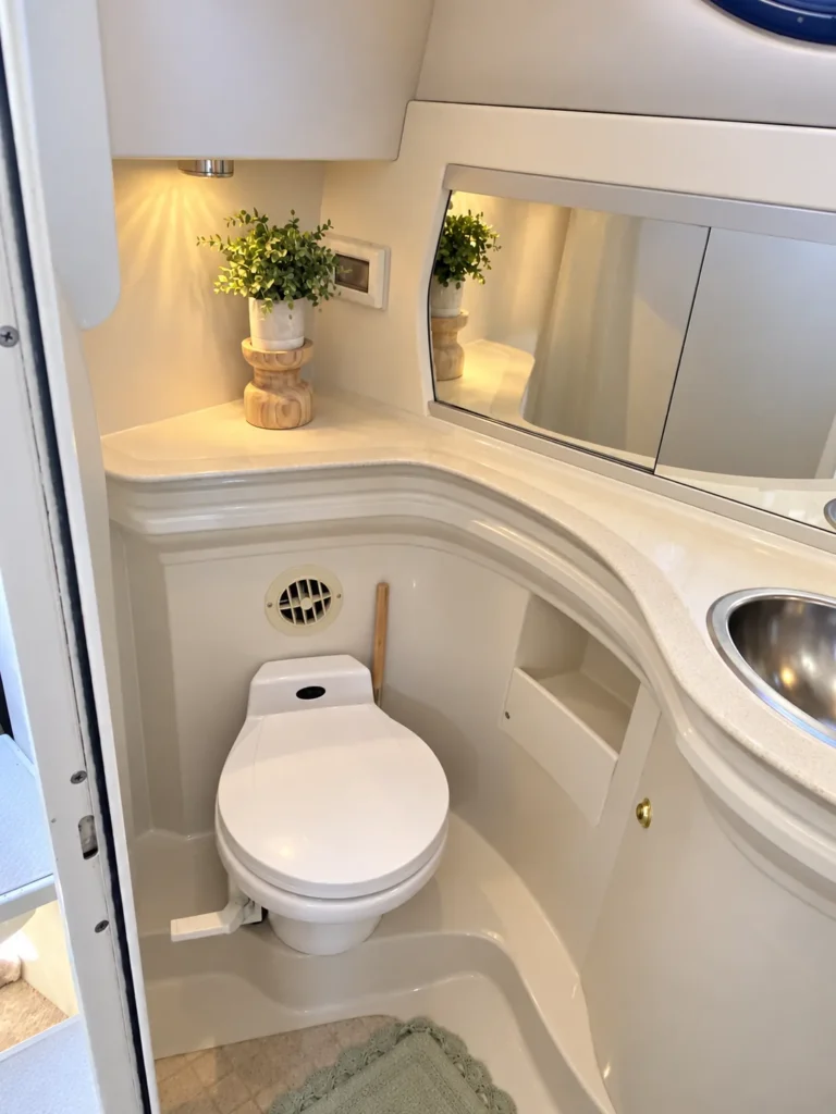 Enclosed head with toilet and sink on the 30-foot cruiser