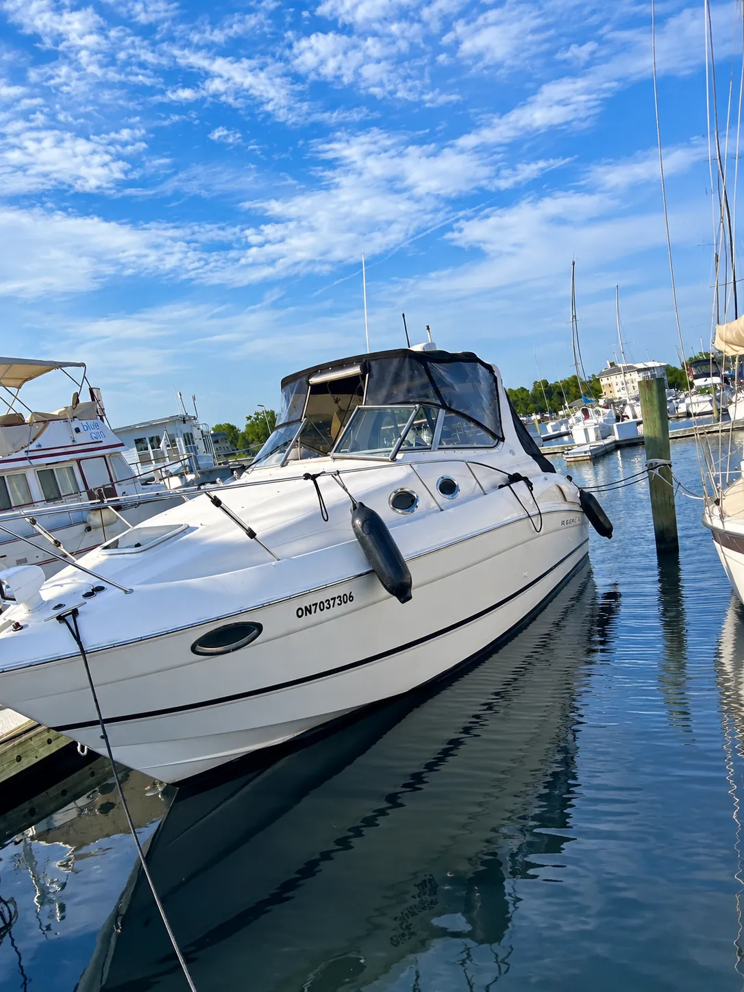 30-foot cruiser at the marina, ready for a downtown Jacksonville boat tour