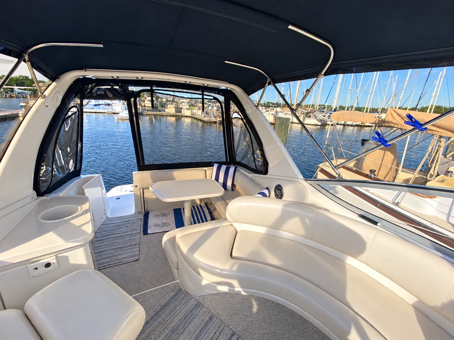 Cockpit lounge of the 30-foot cruiser, our downtown Jacksonville boat