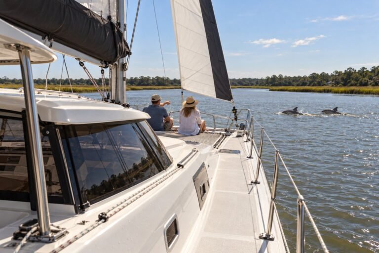 Guests watching dolphins from the bow on a catamaran charter in Jacksonville