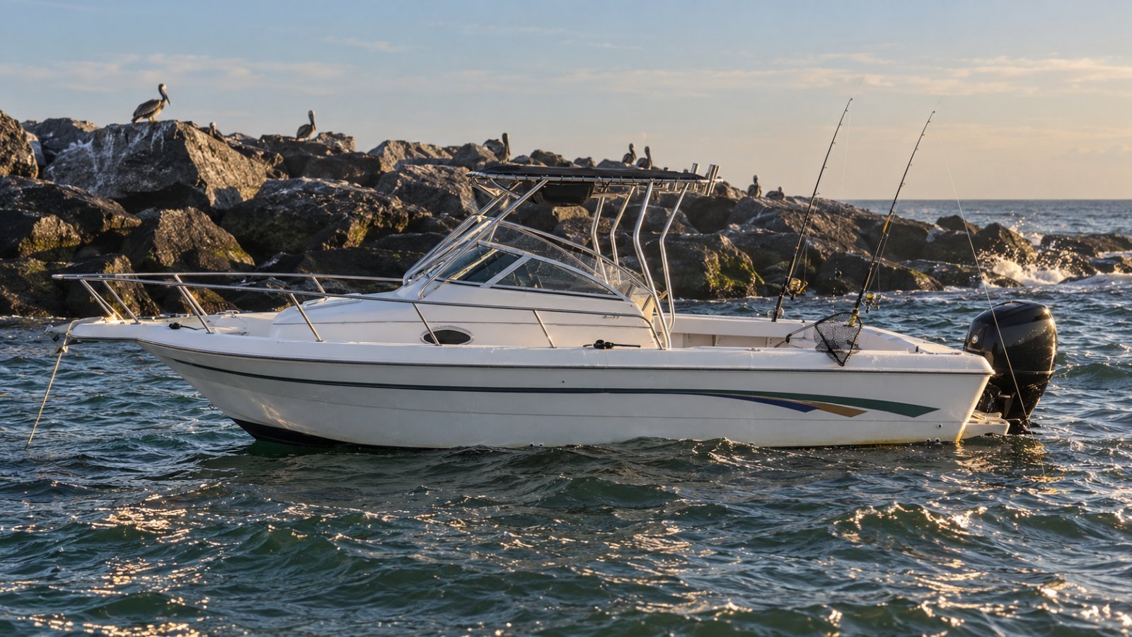 The 25-foot Proline anchored at the Mayport jetties on an autumn Jacksonville boat charter fishing trip