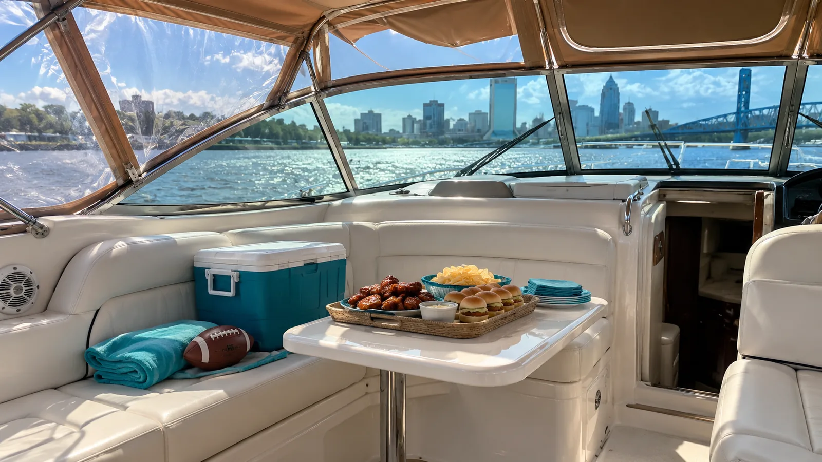Teal cooler and tailgate snacks in the Sea Ray cockpit for a Jaguars boat tailgate