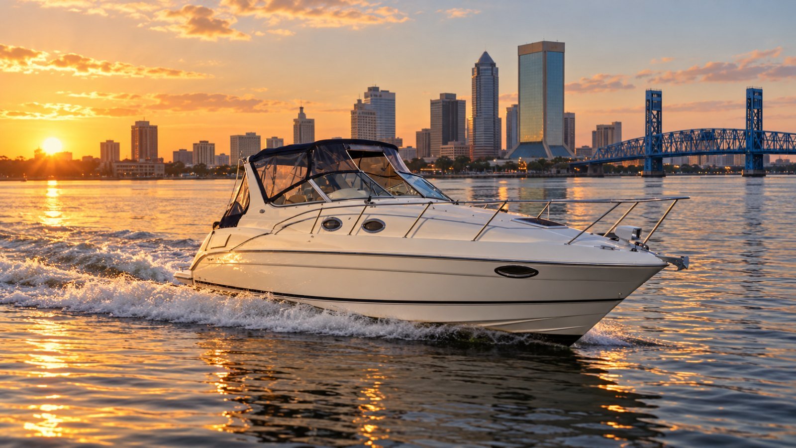 The 30-foot cruiser on a Jacksonville boat charter at sunset with the downtown skyline and Main Street Bridge behind
