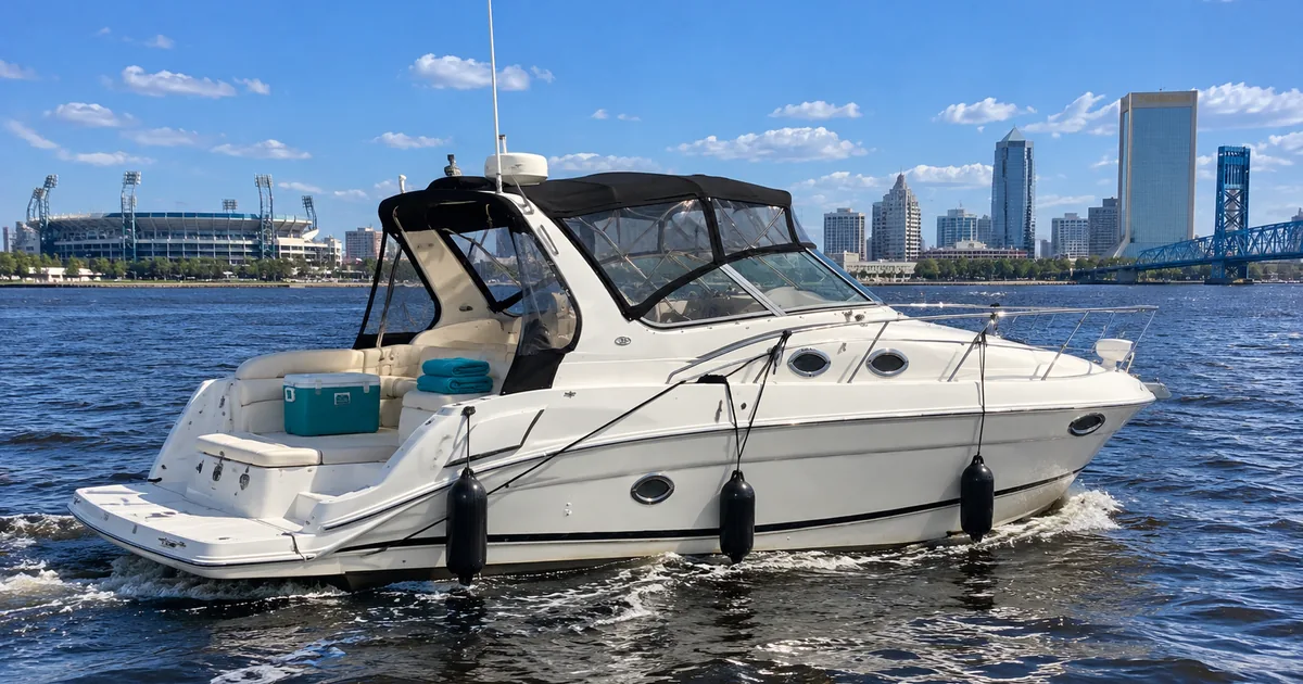 Jaguars boat tailgate on our 30 ft cruiser on the St. Johns River with the stadium and downtown skyline behind