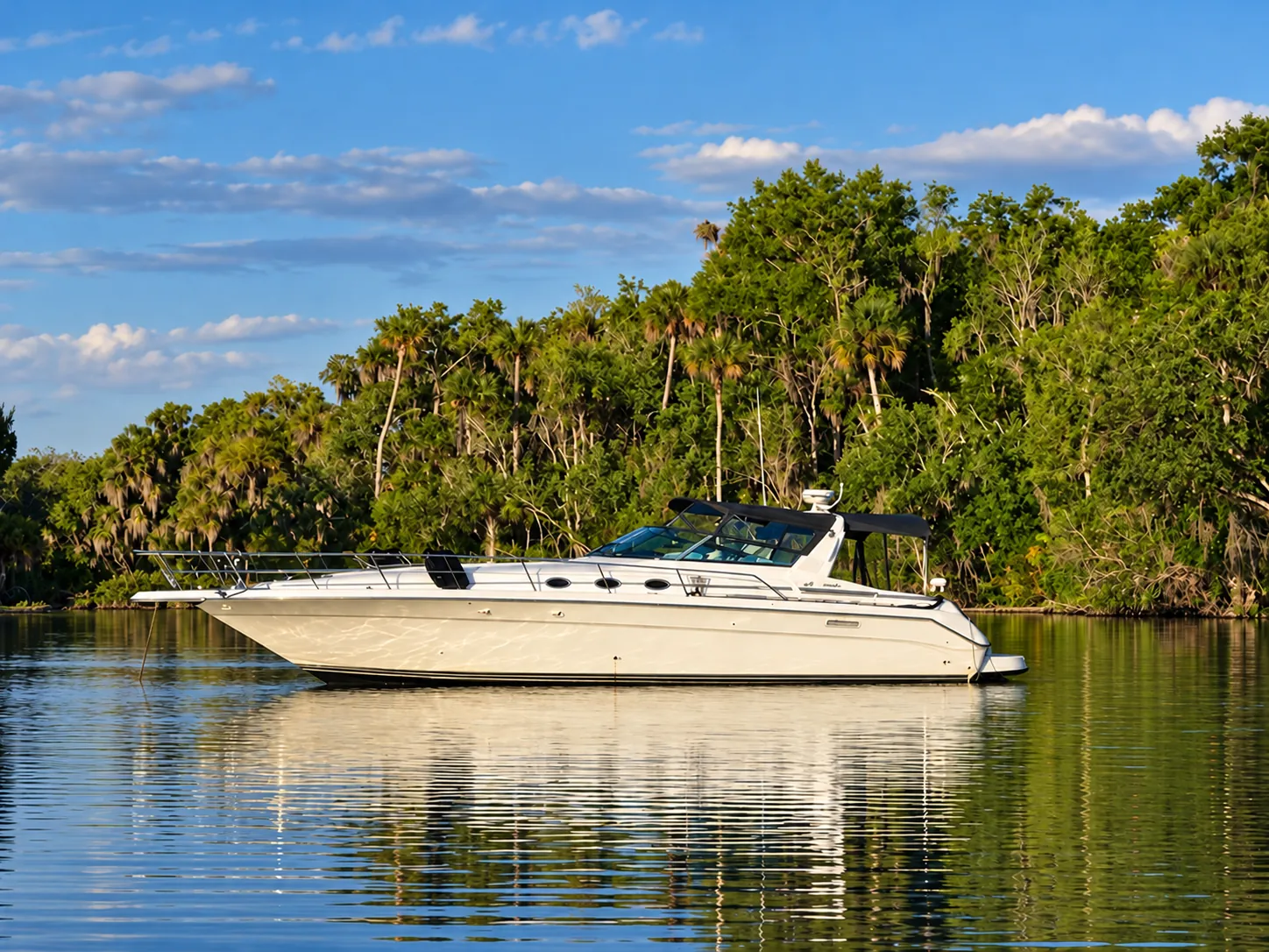 44-foot Sea Ray yacht anchored on a calm river lined with palm trees