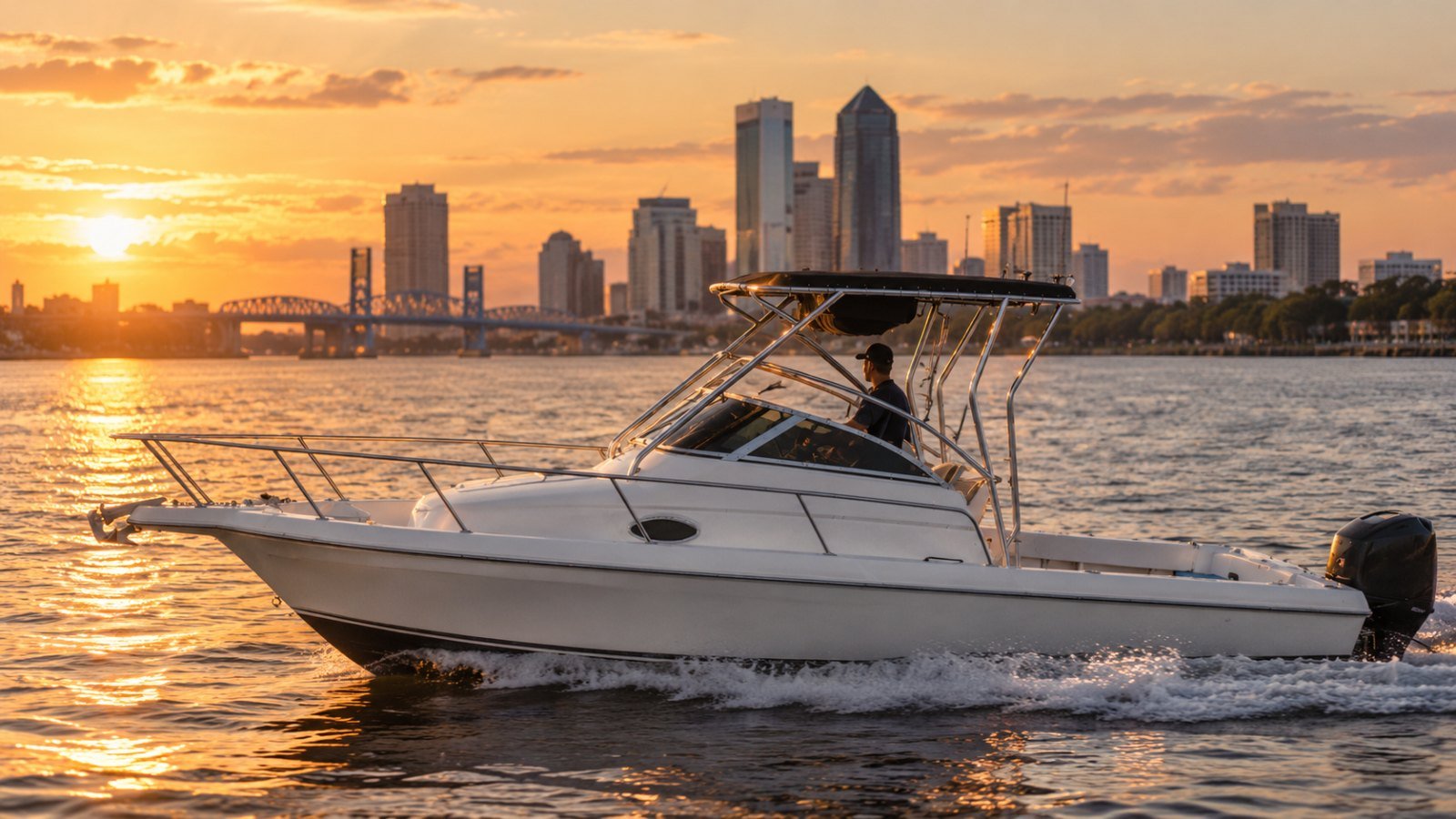 25-foot powerboat on one of the sunset cruises in Jacksonville on the St. Johns River