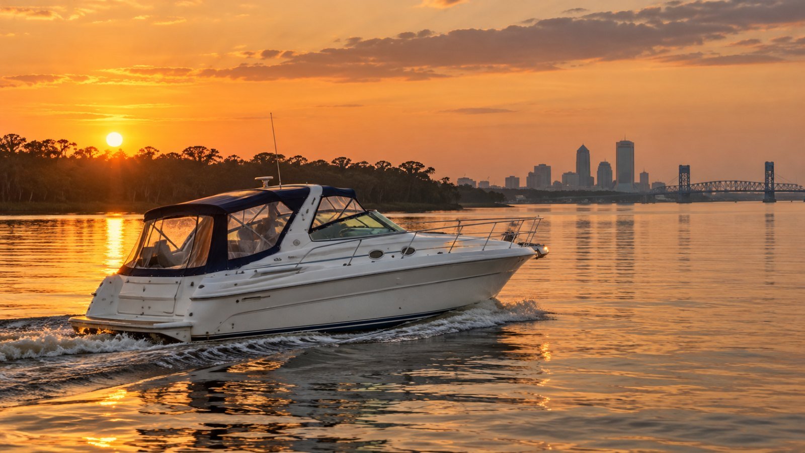 44-foot Sea Ray on one of the sunset cruises in Jacksonville with the downtown skyline behind